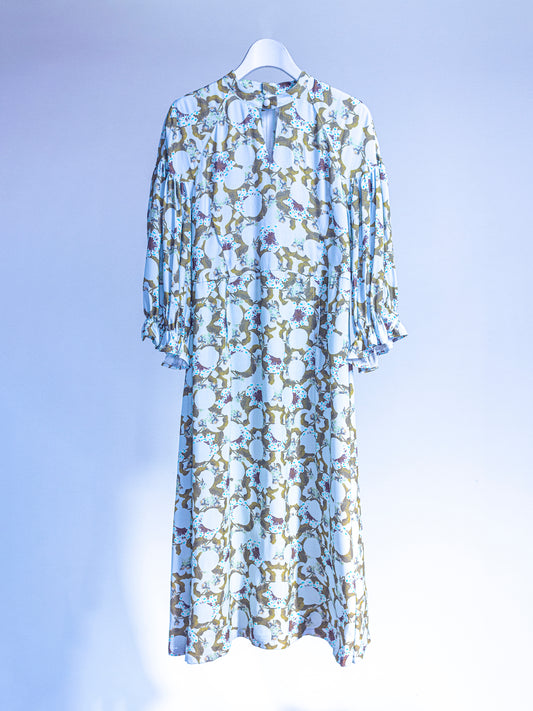 Floral Geometric Blue  Puff Sleeve Dress