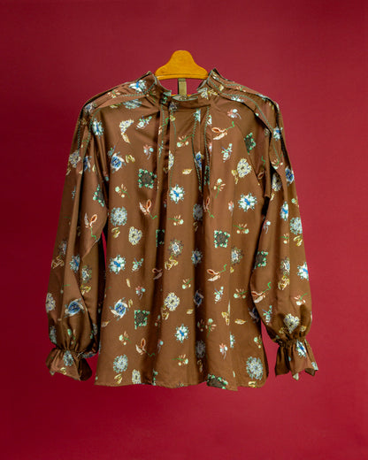 Hosouge Floral Printed Blouse-Brown