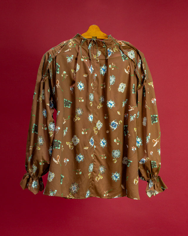 Hosouge Floral Printed Blouse-Brown