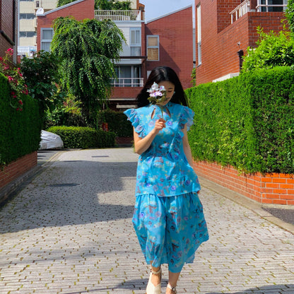 Rikka Floral Frill no sleeve Blouse-Azure x BlueGreen