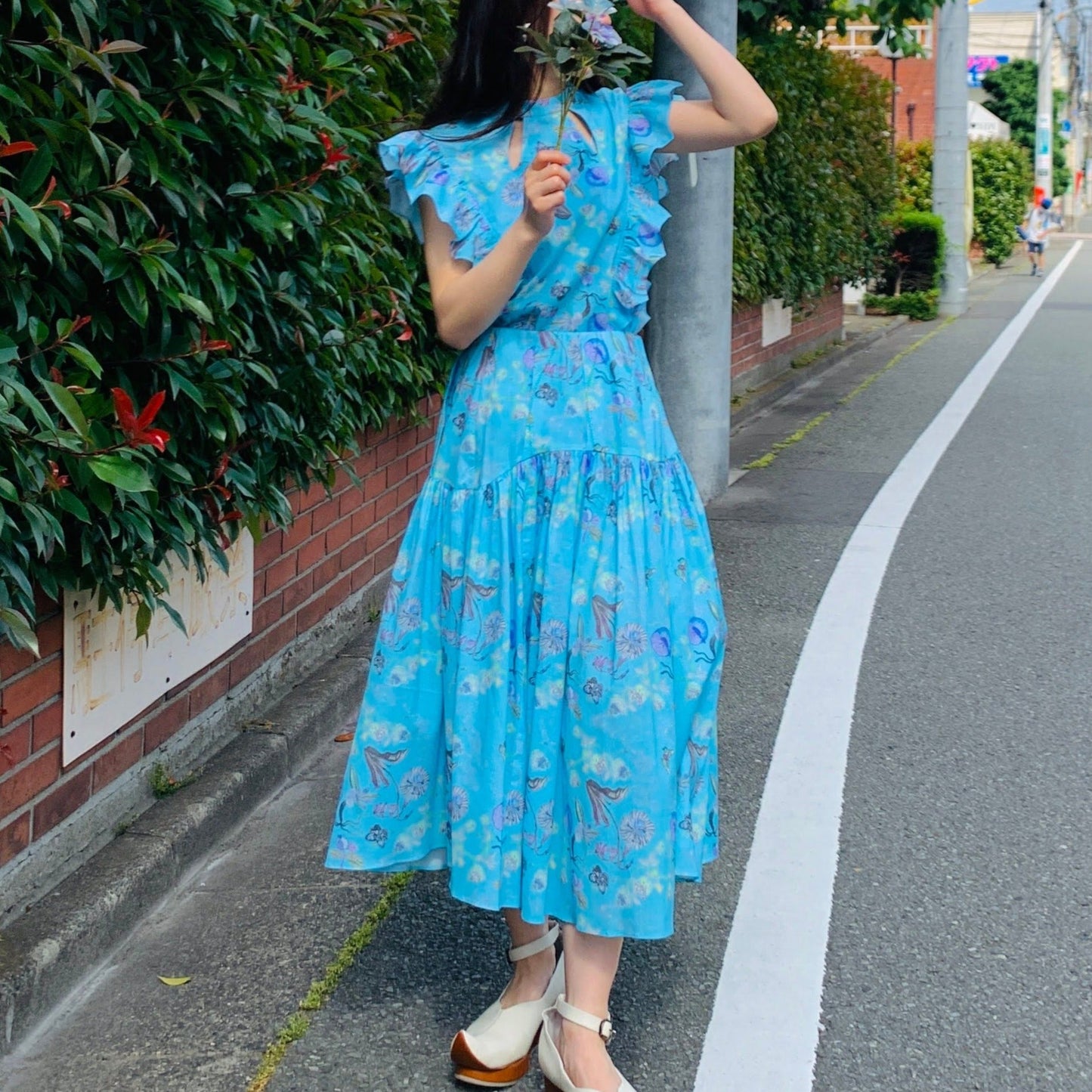 Rikka Floral Frill no sleeve Blouse-Azure x BlueGreen