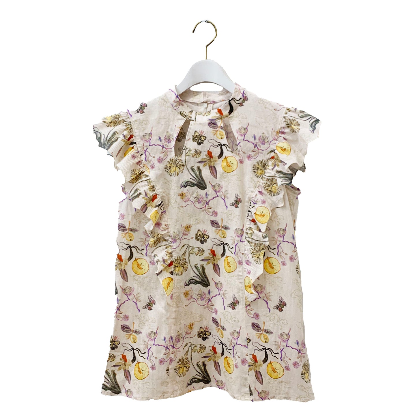 Rikka Floral Frill no sleeve Blouse -Pink beige x purple