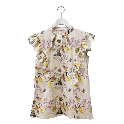 Rikka Floral Frill no sleeve Blouse -Pink beige x purple