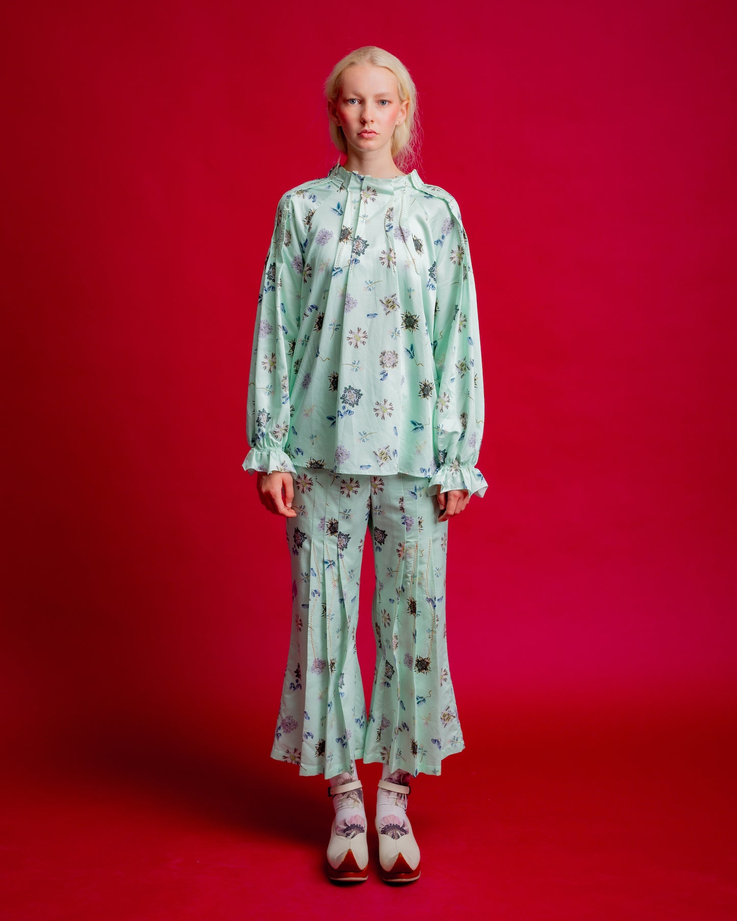 Hosouge Floral Print Trouser-Green