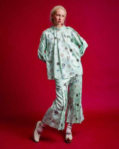 Hosouge Floral Print Trouser-Green