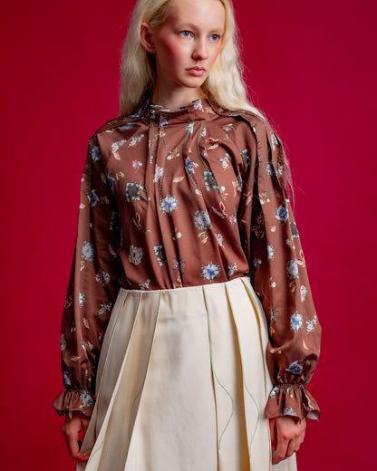 Hosouge Floral Printed Blouse-Brown