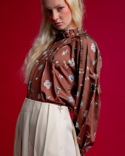 Hosouge Floral Printed Blouse-Brown