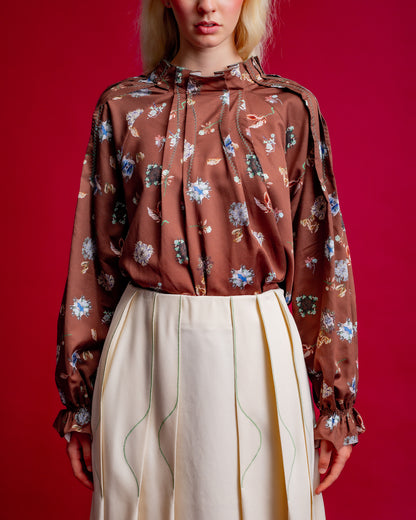 Hosouge Floral Printed Blouse-Brown