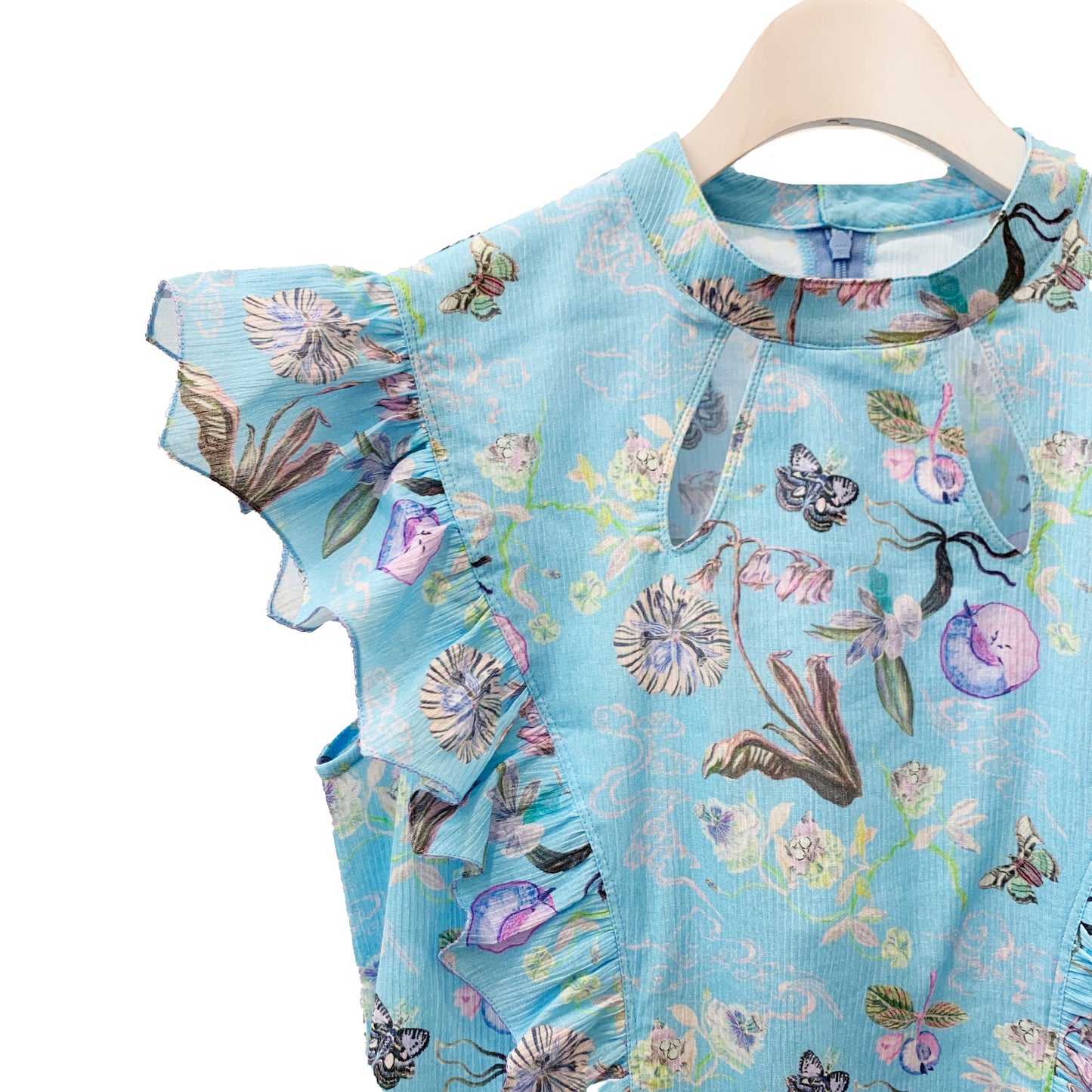 Rikka Floral Frill no sleeve Blouse-Azure x BlueGreen
