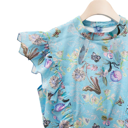 Rikka Floral Frill no sleeve Blouse-Azure x BlueGreen