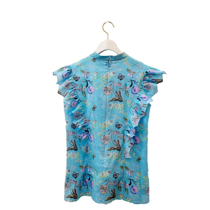 Rikka Floral Frill no sleeve Blouse-Azure x BlueGreen