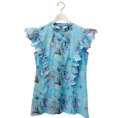 Rikka Floral Frill no sleeve Blouse-Azure x BlueGreen