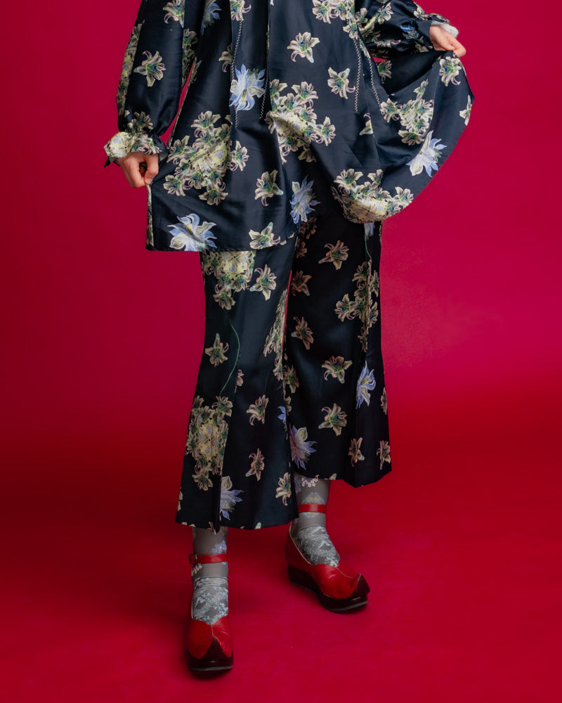 Floating Flower Print Trouser Black