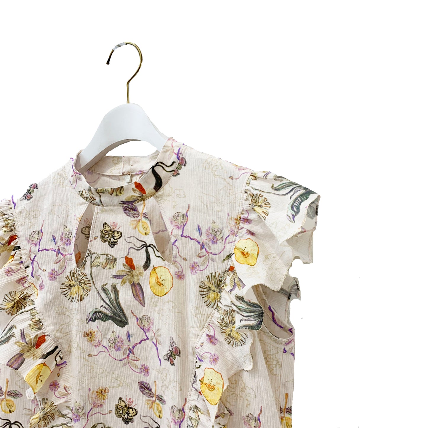 Rikka Floral Frill no sleeve Blouse -Pink beige x purple
