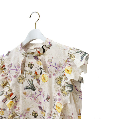 Rikka Floral Frill no sleeve Blouse -Pink beige x purple
