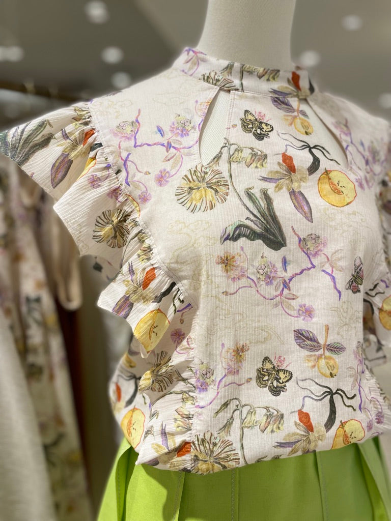 Rikka Floral Frill no sleeve Blouse -Pink beige x purple
