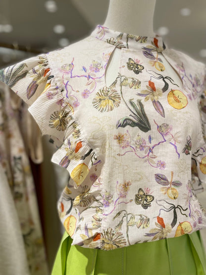 Rikka Floral Frill no sleeve Blouse -Pink beige x purple